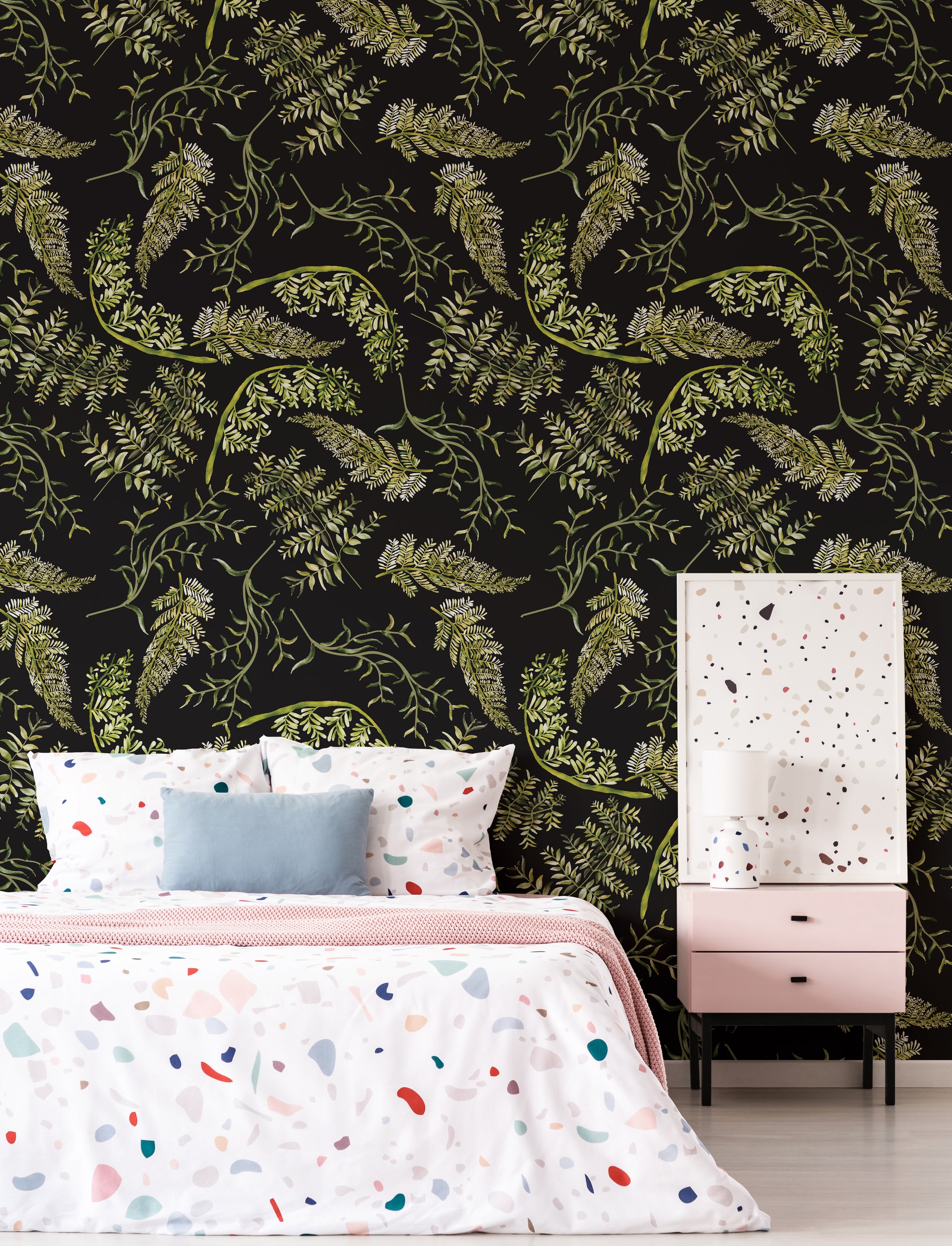 Sophisticated botanical wall mural green leaf pattern for minimalist guest room interiors