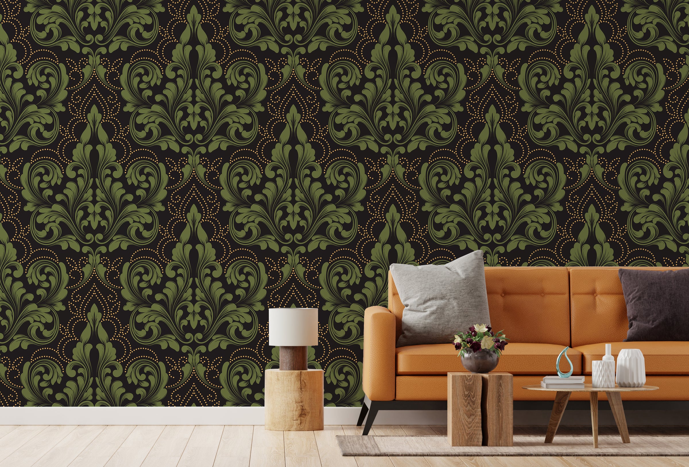 Luxury living room wallpaper featuring dark green damask pattern with gold detailing accents