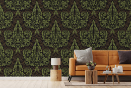 Luxury living room wallpaper featuring dark green damask pattern with gold detailing accents