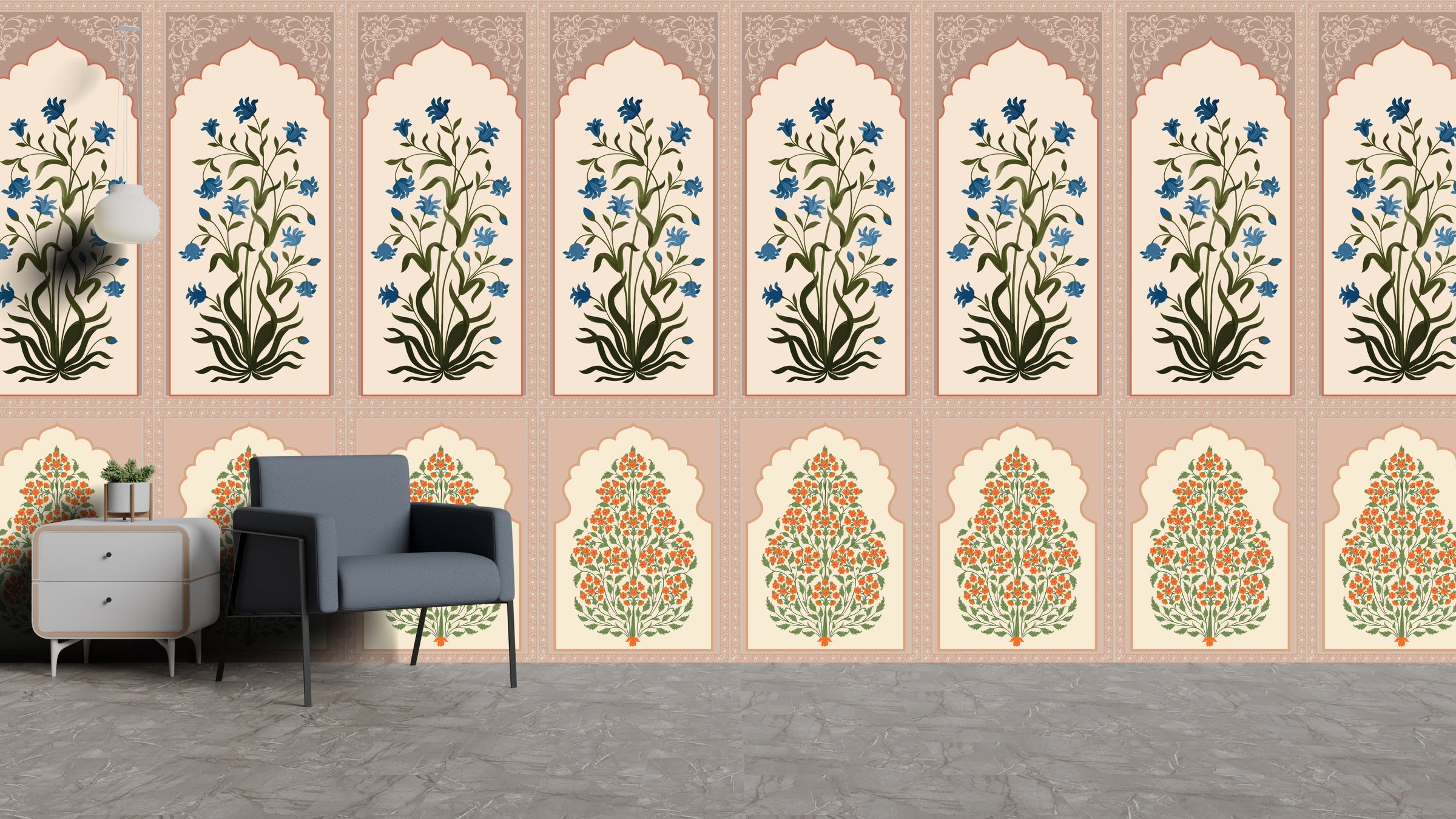 Elegant living room accent wall featuring Mughal floral arch mural with blue blossoms in soft beige tones