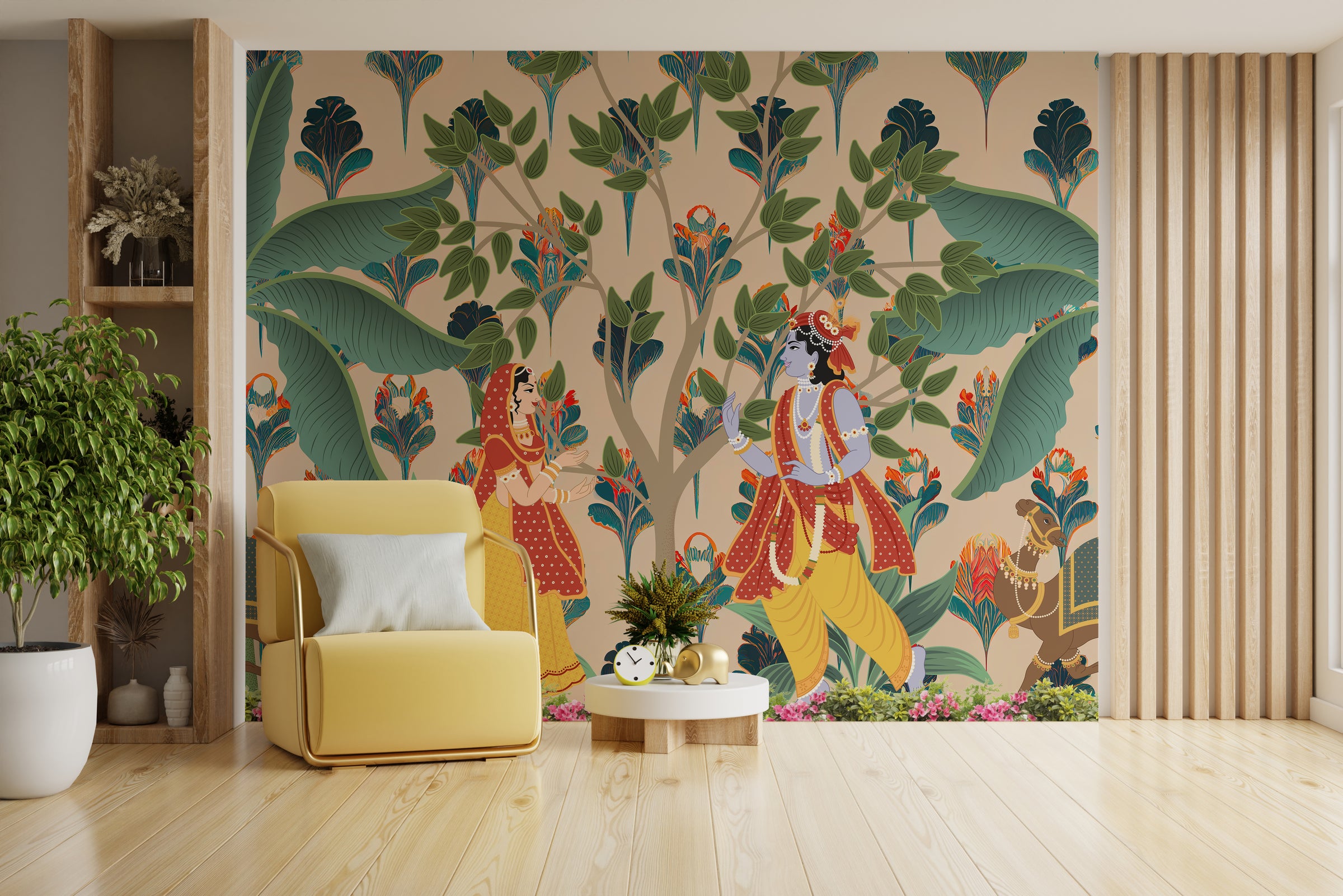Radha Krishna Pichwai Indian Wallpaper | Pooja Room Peel and Stick Wallpaper