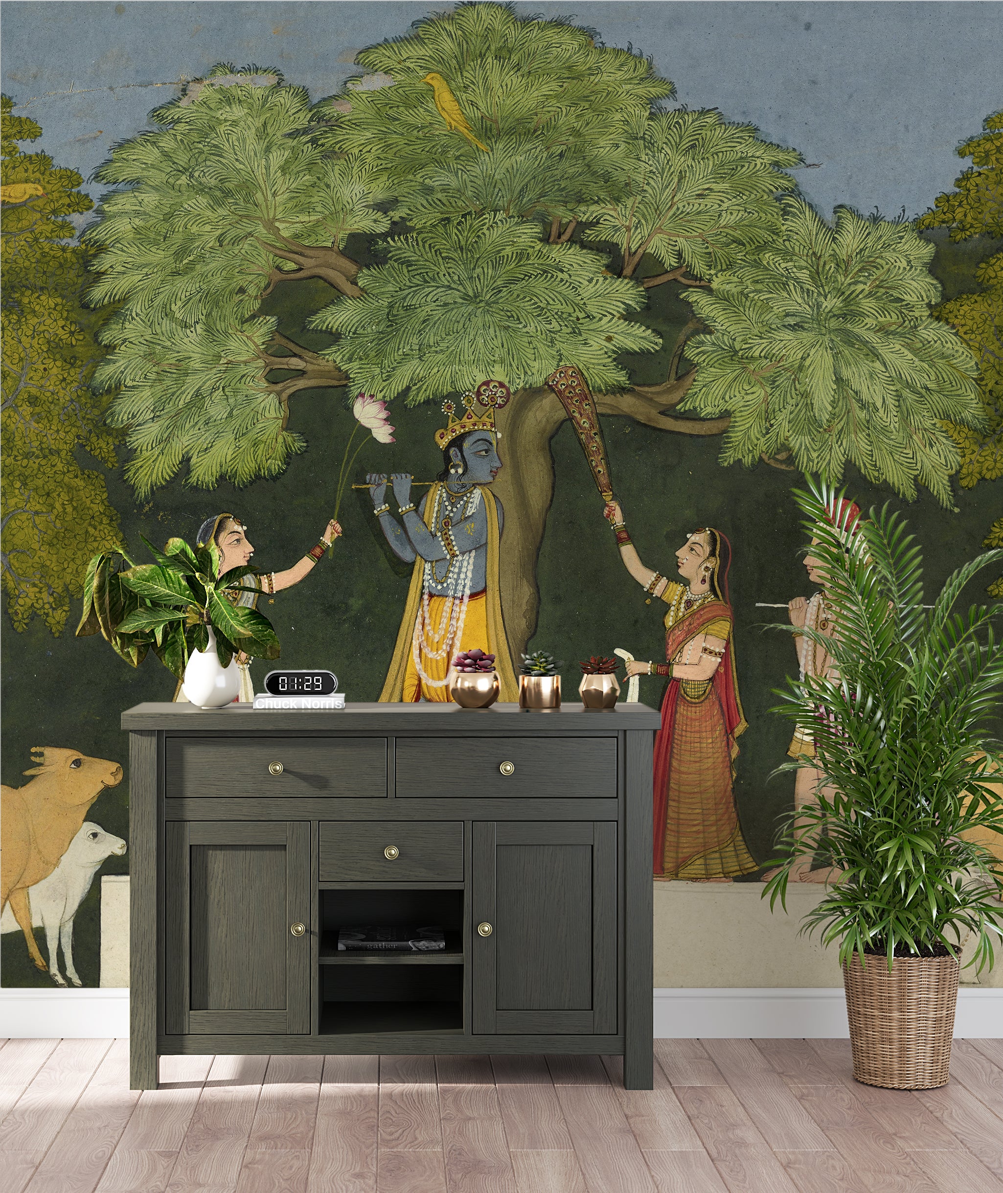 Radha Krishna Indian Miniature Art Wallpaper Peel and Stick Green Wall Mural