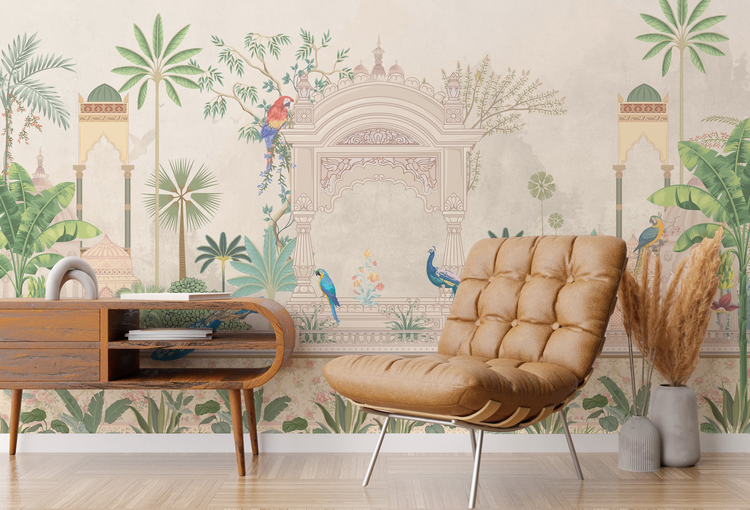 Tropical botanical wallpaper with peacock birds and floral base for study room walls