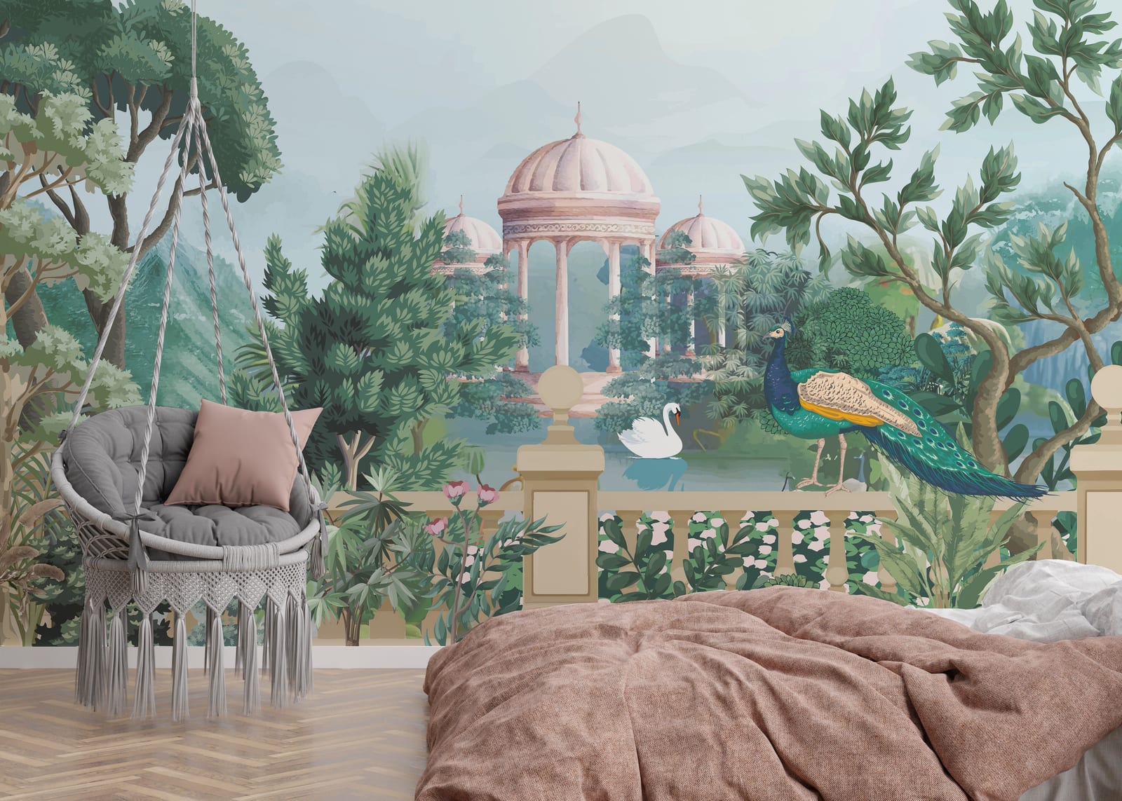 Luxury bedroom wall decor featuring botanical peacock landscape palace wallpaper mural