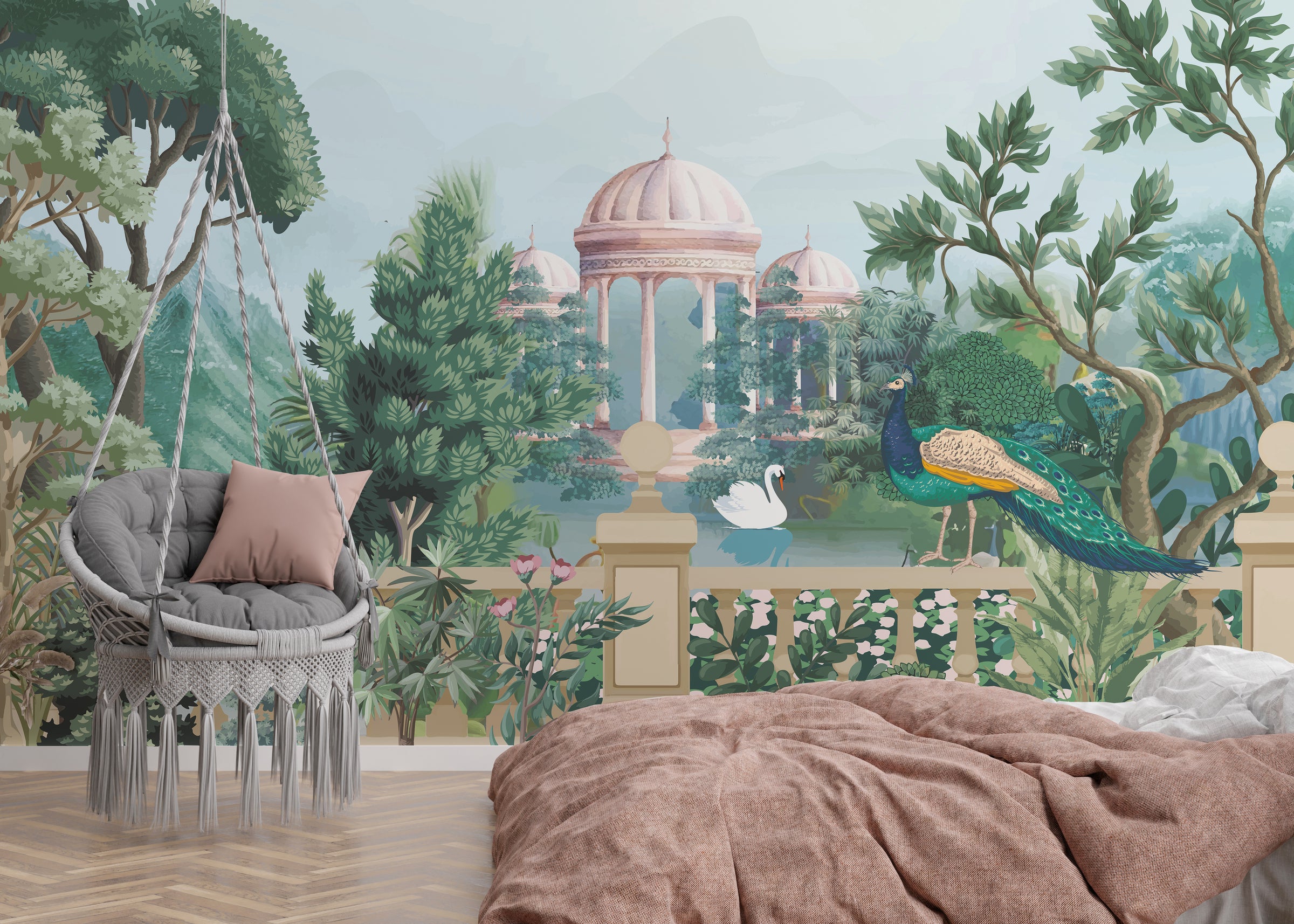 Luxury bedroom wall decor featuring botanical peacock landscape palace wallpaper mural