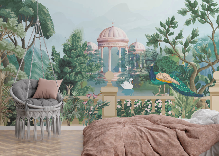 Self Adhesive Peacock Garden Wallpaper Luxury Palace Indian Wall Mural