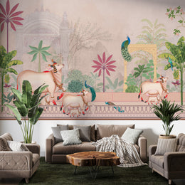 Indian palace wall mural with peacocks, cows, pastel tones for living room decor