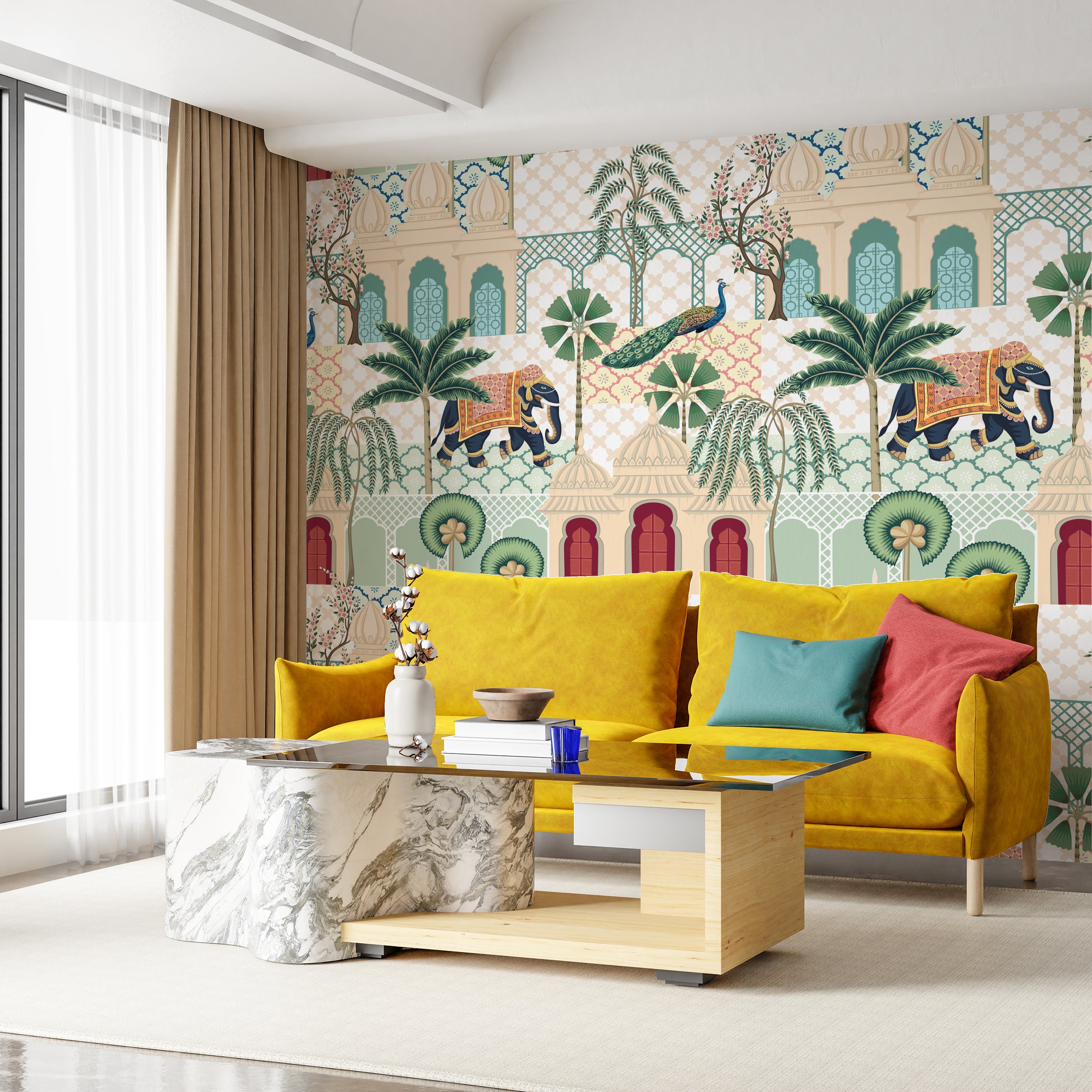 Royal Indian scenic mural with peacocks, palm trees, muted colors, stylish lounge interior