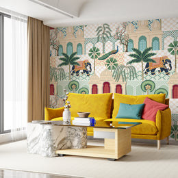 Royal Indian scenic mural with peacocks, palm trees, muted colors, stylish lounge interior