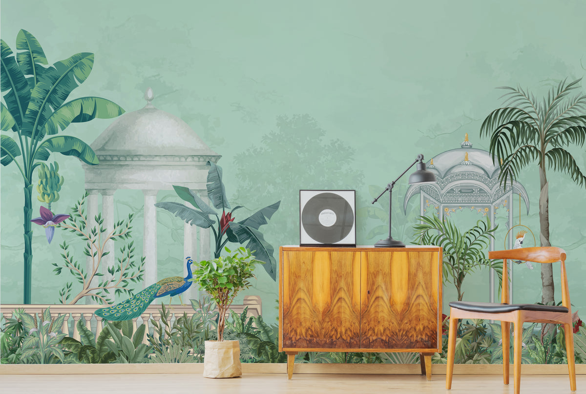Indian Palace Peel and Stick Wallpaper Sage Green Tropical Peacock Wall Mural