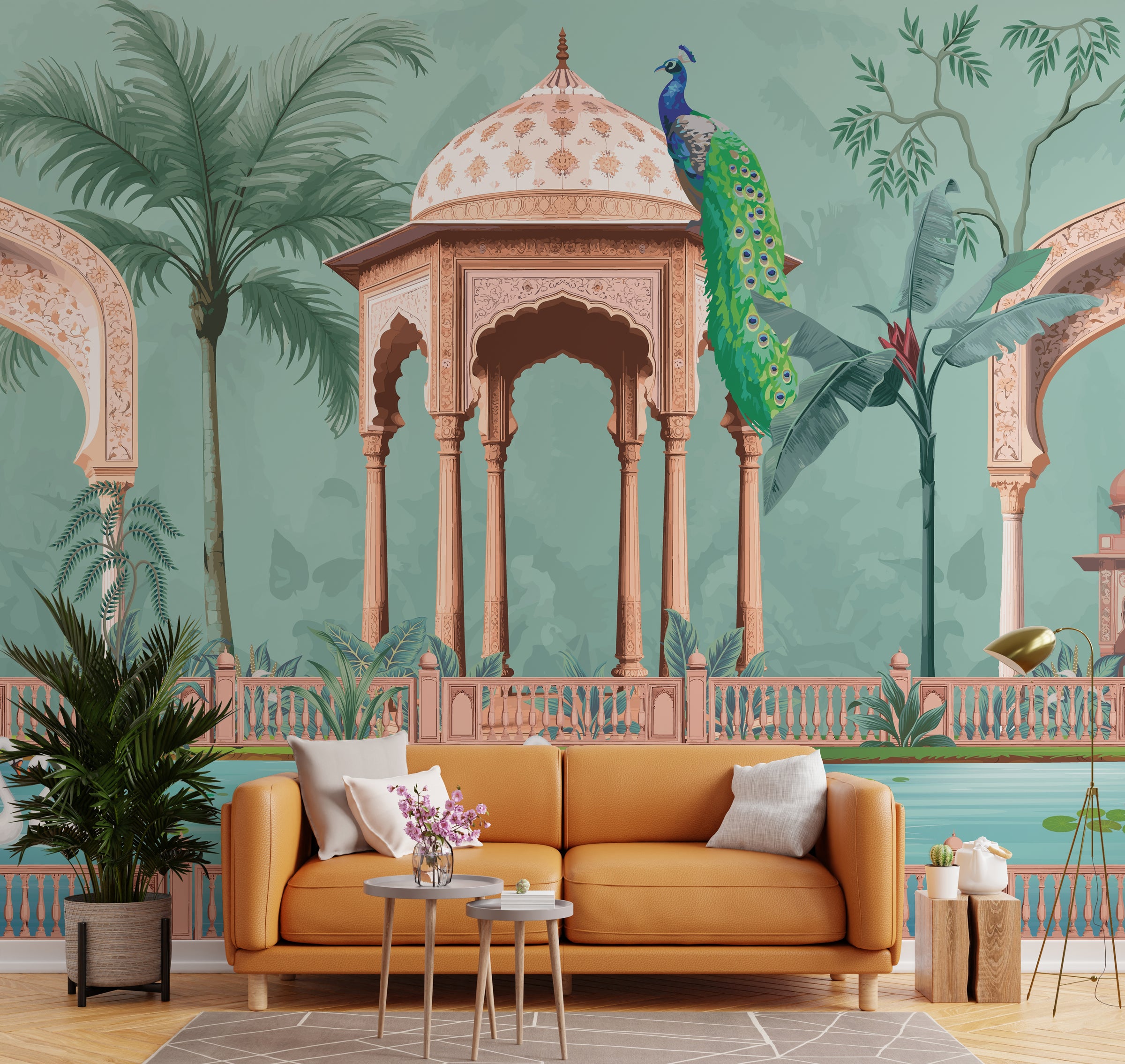 Peacock wallpaper featuring teal botanical garden with palace arches for living room