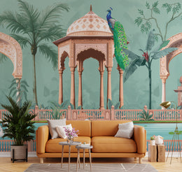 Peacock wallpaper featuring teal botanical garden with palace arches for living room