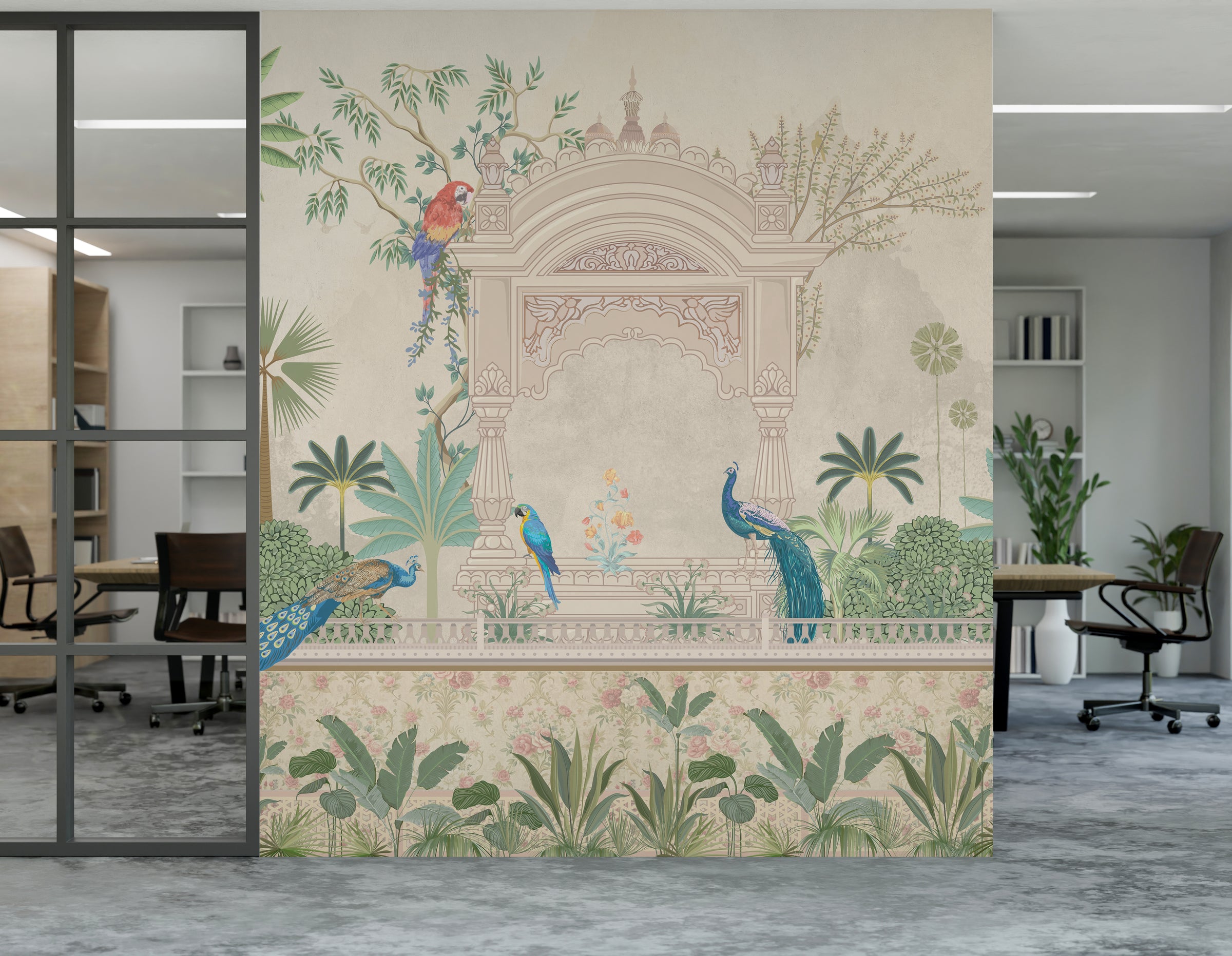 Indian peacock wallpaper with soft beige tones and floral garden for guest room