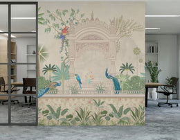 Indian peacock wallpaper with soft beige tones and floral garden for guest room