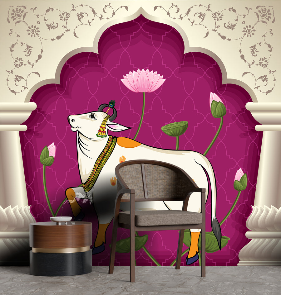 Sacred Kamdhenu Pichwai Cow Arch Indian Wallpaper Magenta Pooja Room Peel Stick Decor