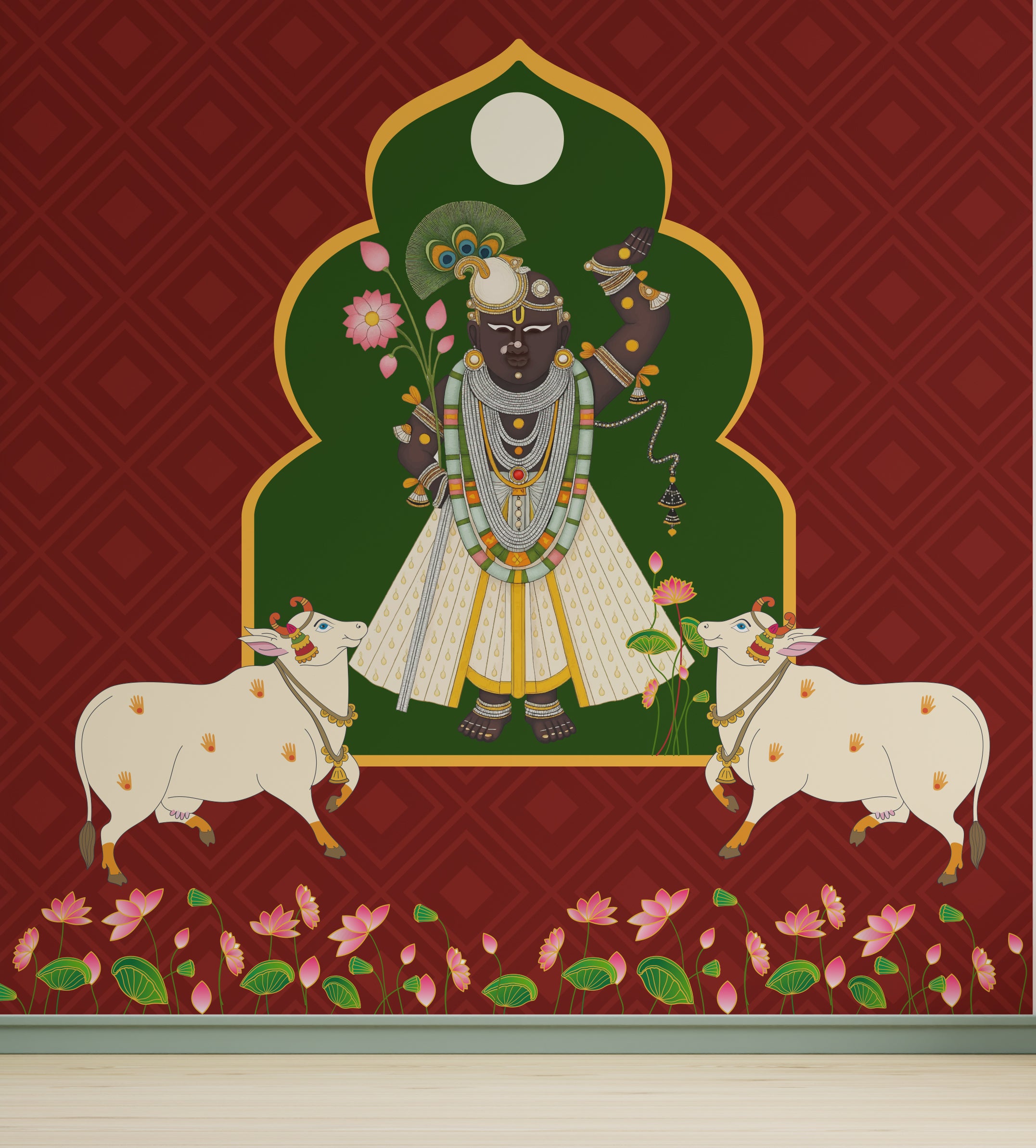 Sacred Krishna wallpaper with temple arch design, floral elements, warm red tones, prayer room decor