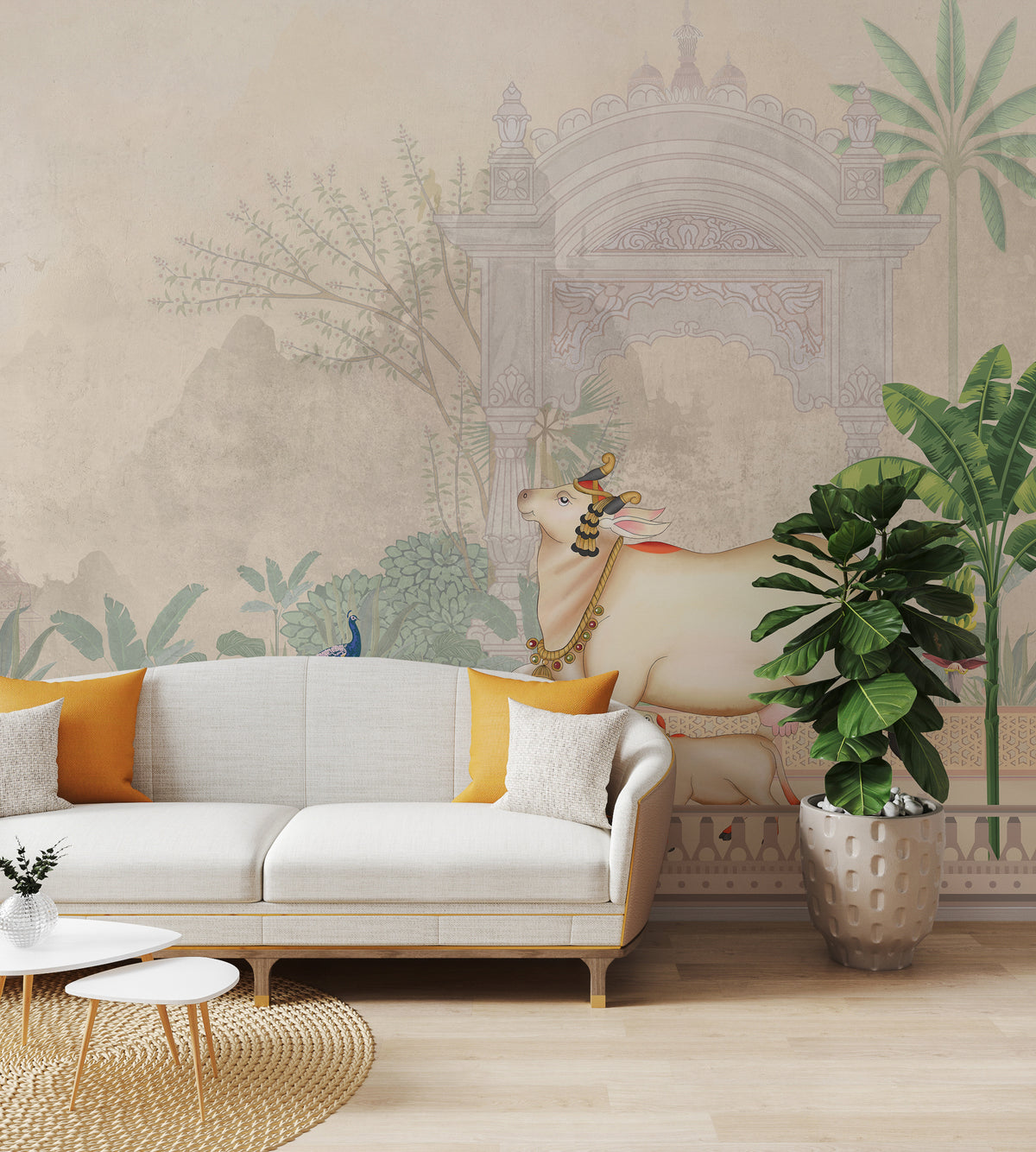 Indian Wallpaper Pichwai Cow and Peacock Beige Peel and Stick Mural