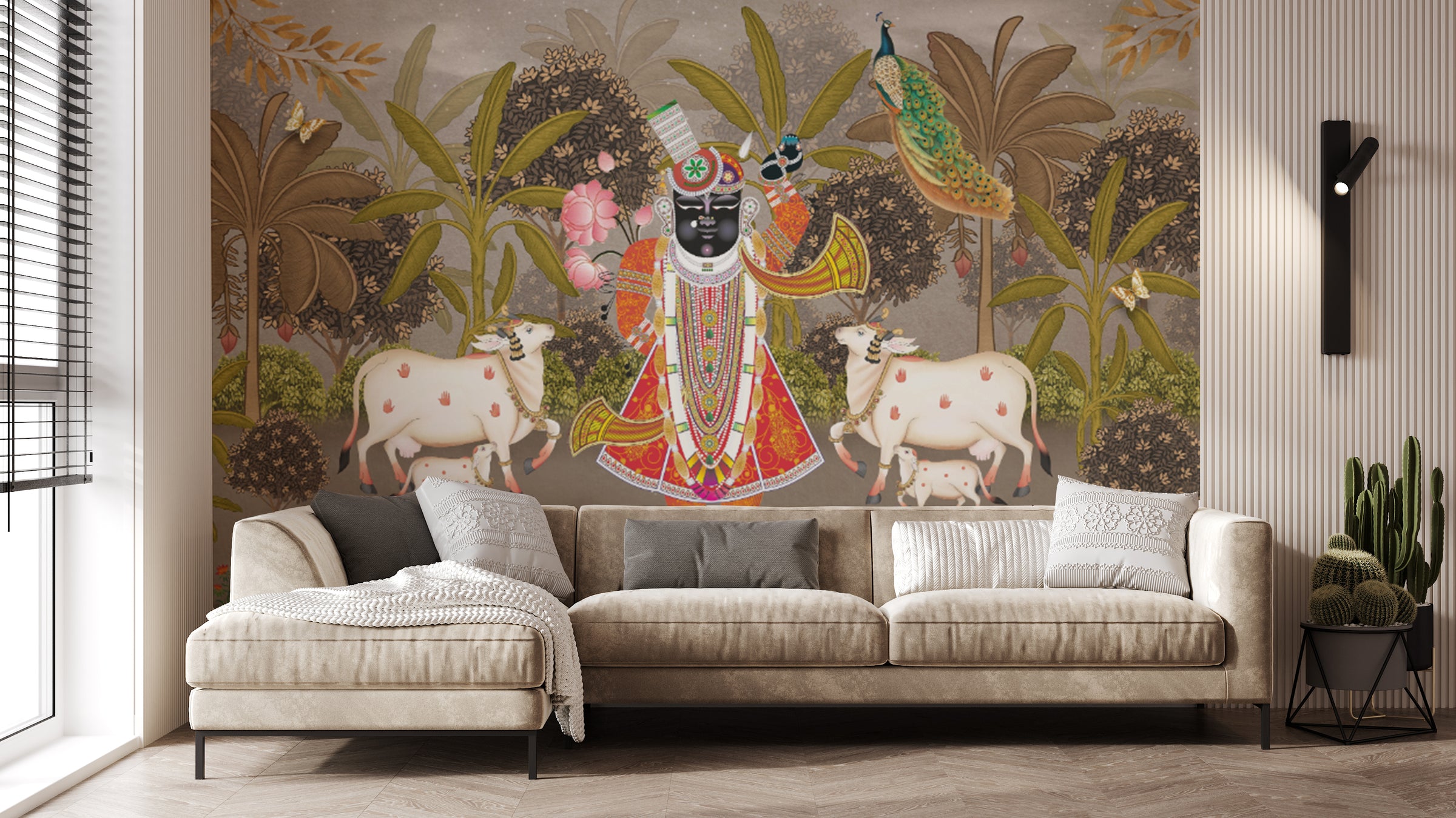 Indian Pichwai Wallpaper | Shreenath Ji Art Pooja Room Peel Stick Wallpaper