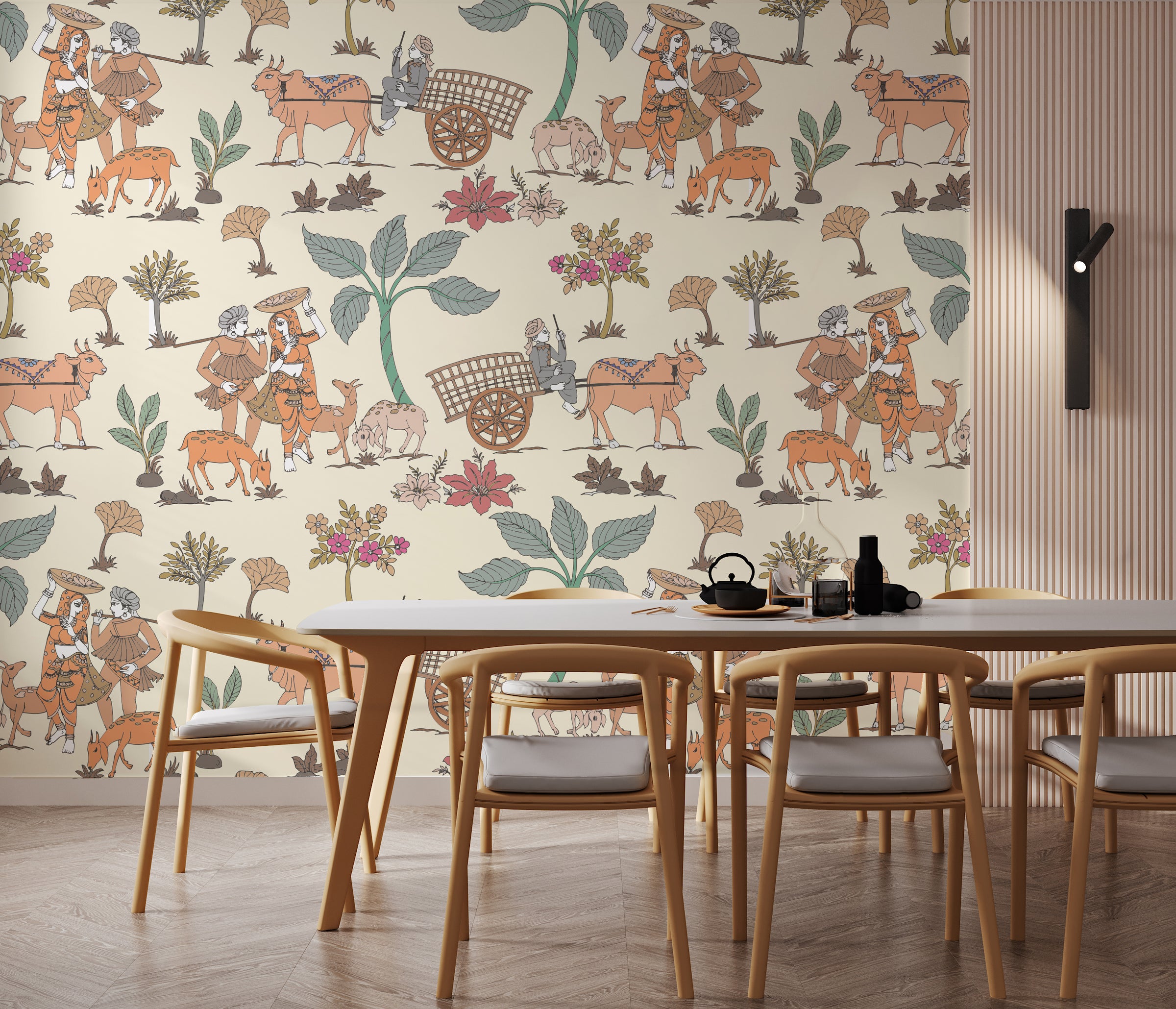 Ethnic folk wallpaper with village illustration, muted colors for stylish dining room wall