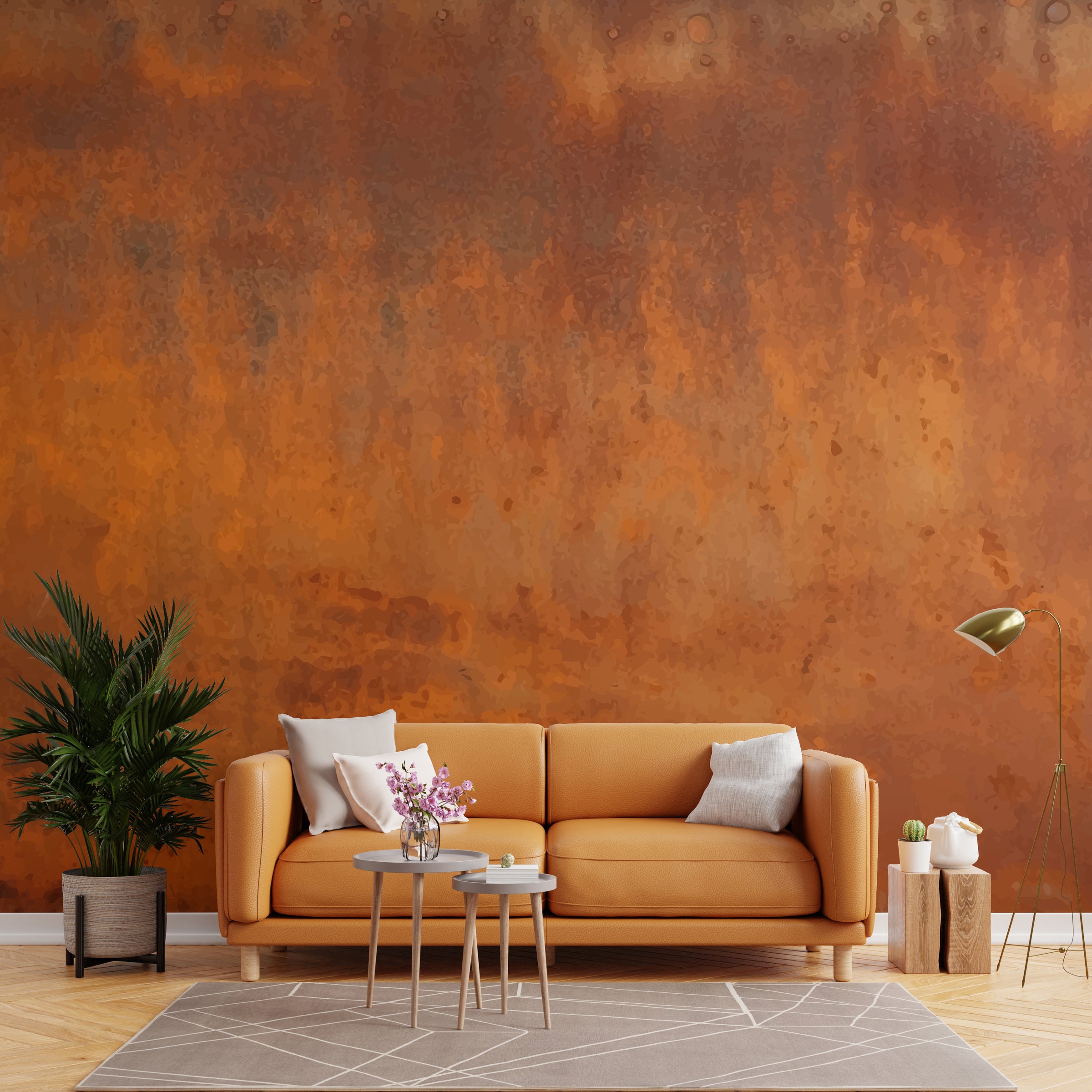 Cozy bedroom wall decor showcasing weathered metal rust texture in warm terracotta tones