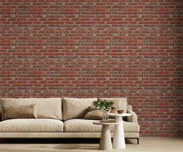 Industrial loft red brick wall mural creating a bold living room feature inspired by modern Miami interior design.