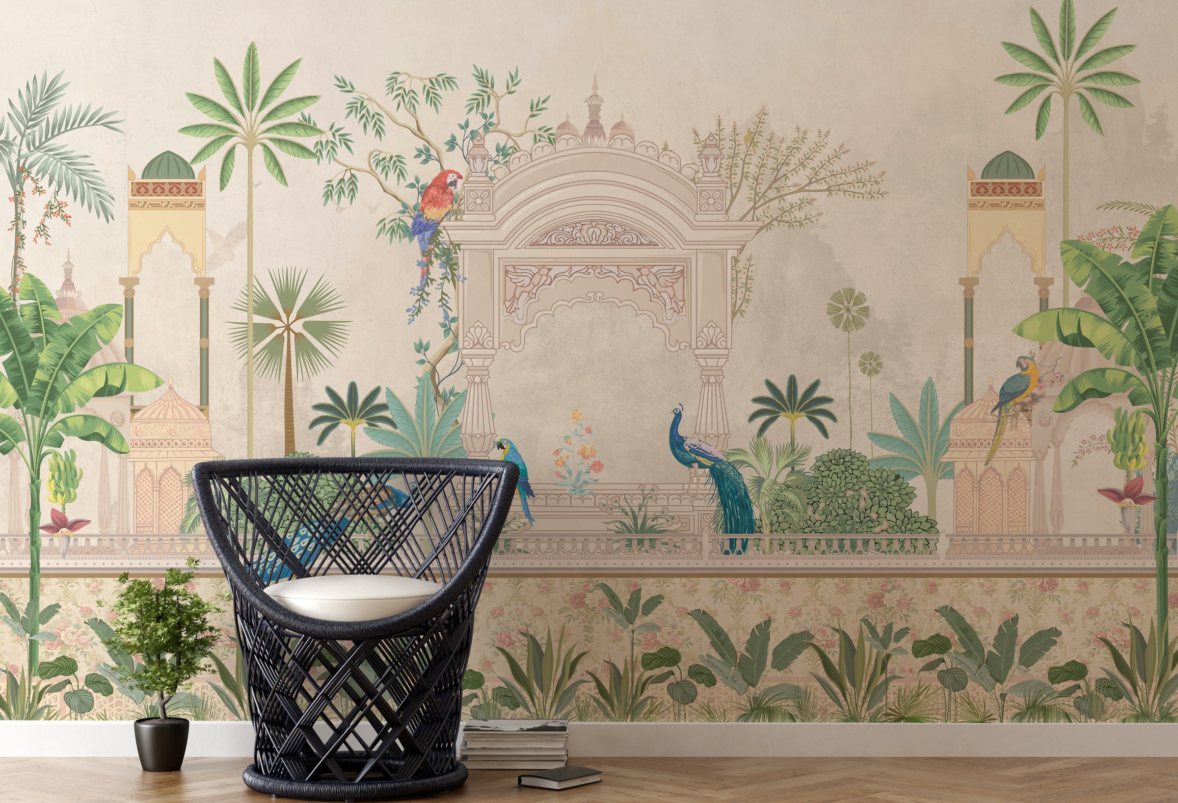 Botanical peacock wall mural showcasing palace architecture and greenery for office interior