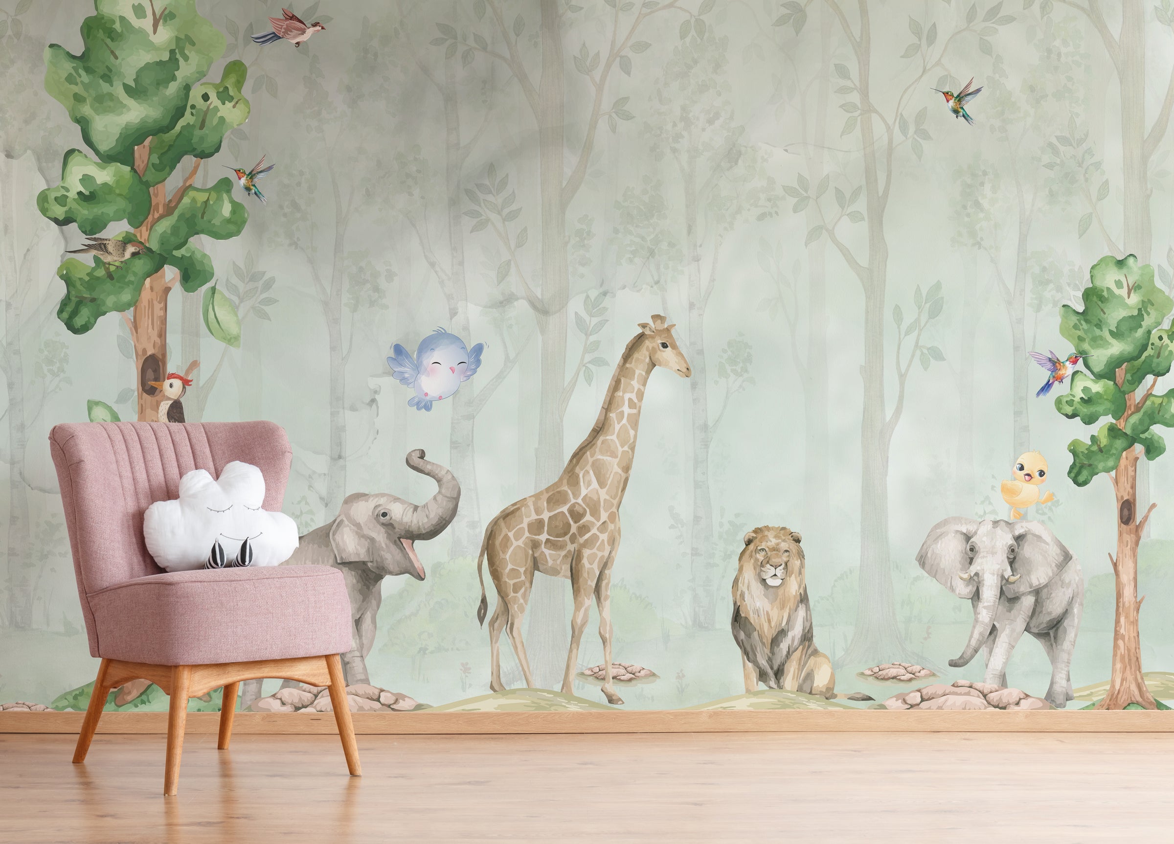 Watercolor Safari Animal Wall Mural | Green Jungle Peel and Stick Wallpaper