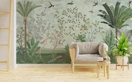 Sage green botanical wall mural featuring birds and trees for modern living room decor
