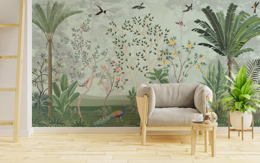 Sage Green Botanical Birds Wallpaper with Peacock Removable Tropical Mural
