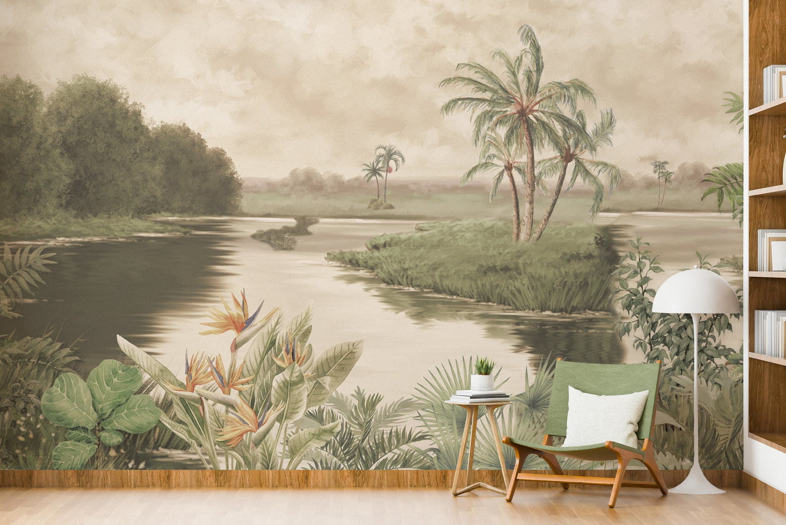 Flowing river through dense greenery artwork encouraging focus and calm productivity in workspace settings.