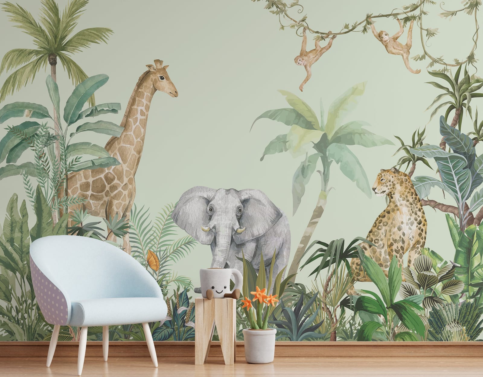 Safari Animal Wallpaper | Green Jungle Nursery Peel And Stick Home Decor
