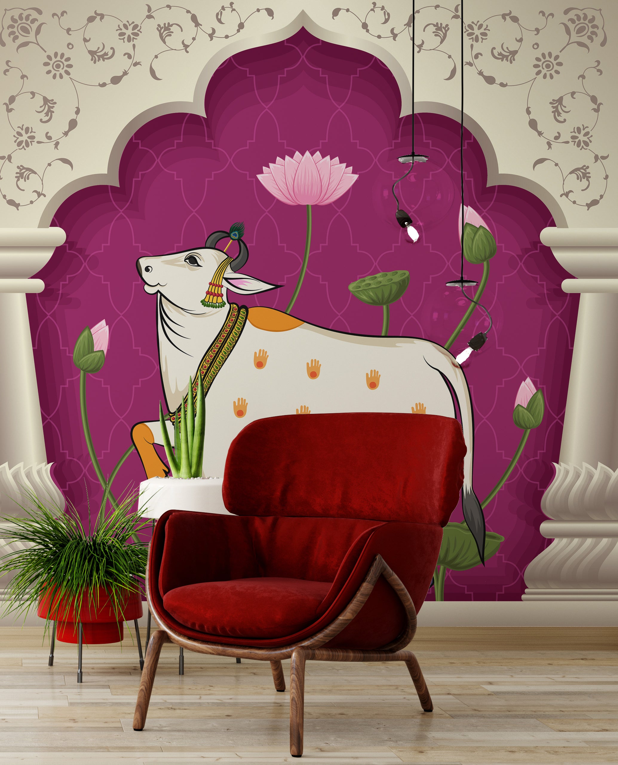 Vibrant pink lotus cow design enhancing boutique store interior wall aesthetics