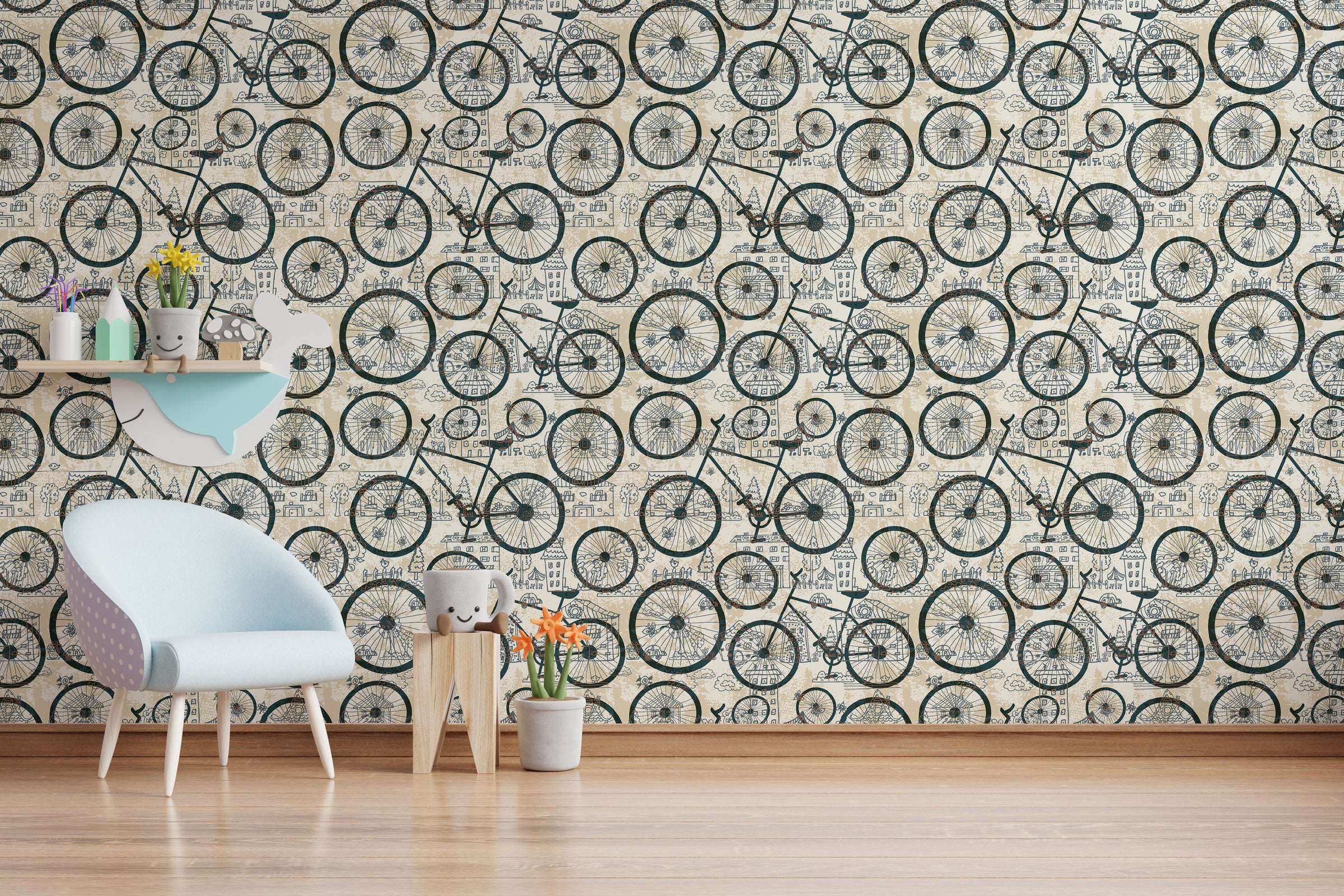 Classic bicycle wallpaper with artistic line drawings in cream background for playful kids room