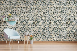 Classic bicycle wallpaper with artistic line drawings in cream background for playful kids room