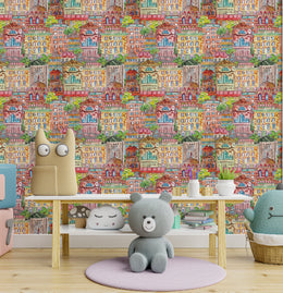Kids room wallpaper featuring colorful cartoon city buildings pattern for playful nursery decor