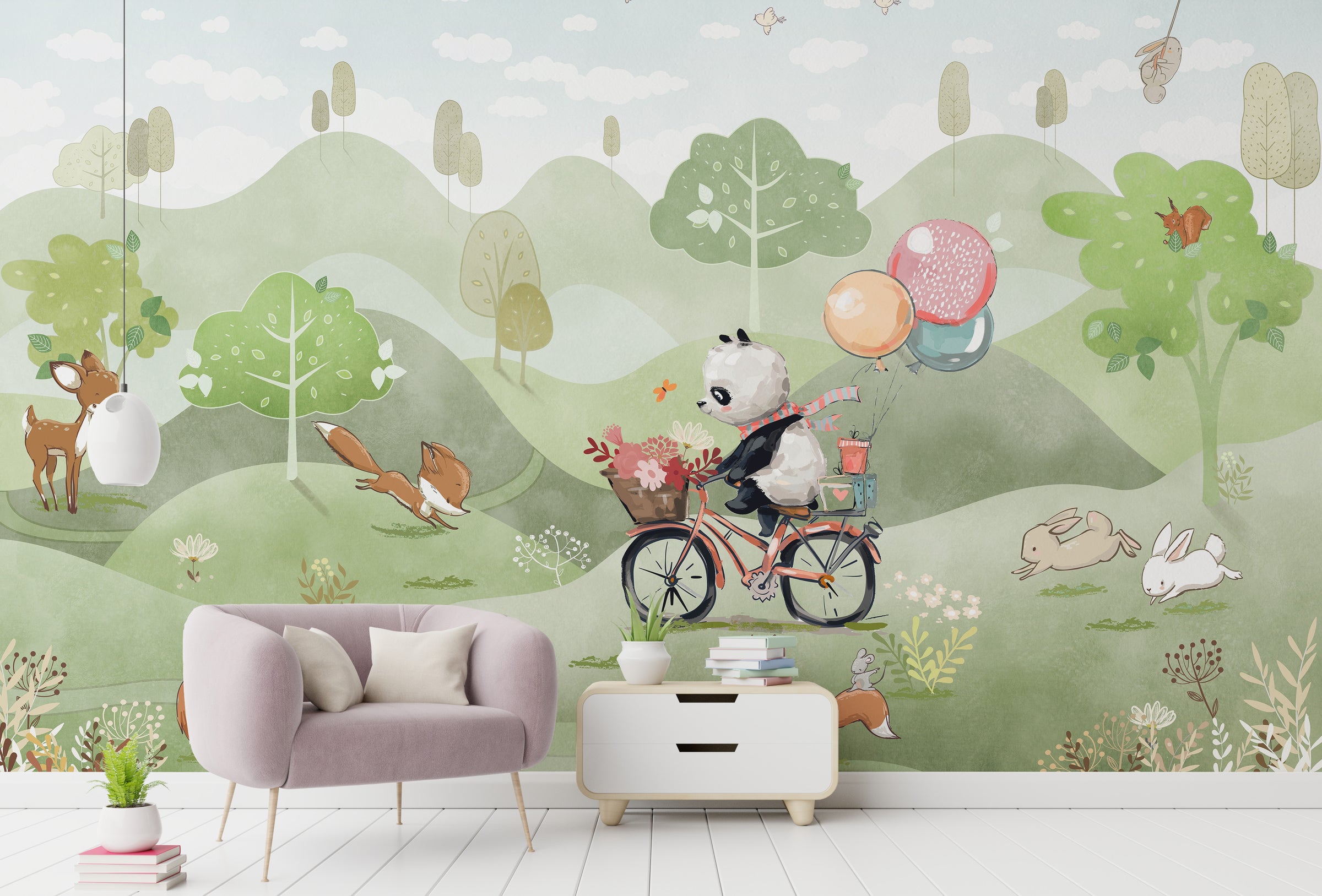 Nursery wall mural showing cute animals, rolling hills, and playful pastel nature design