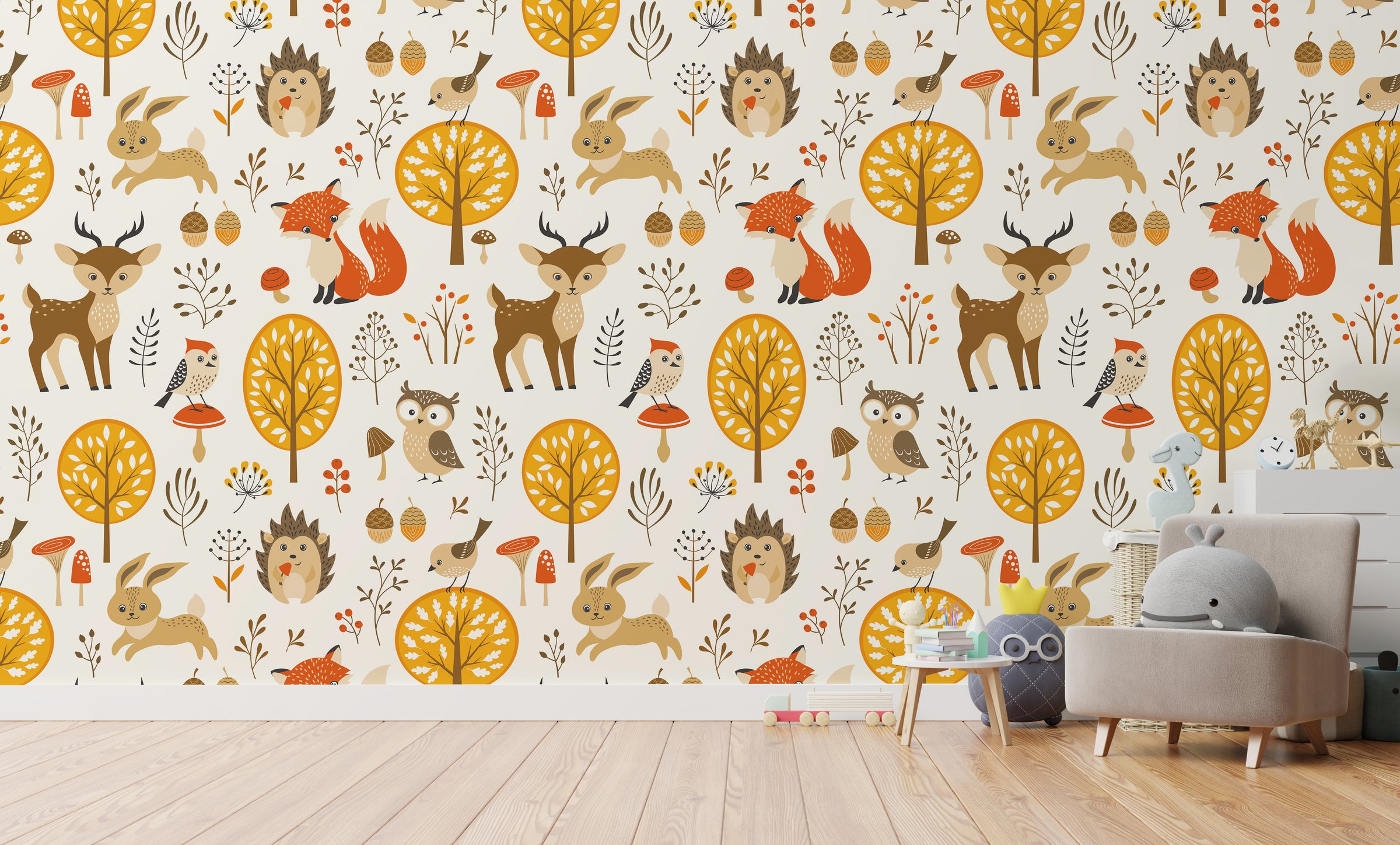 Nursery animal wallpaper with forest creatures trees acorns earthy tones baby room
