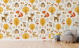 Nursery animal wallpaper with forest creatures trees acorns earthy tones baby room