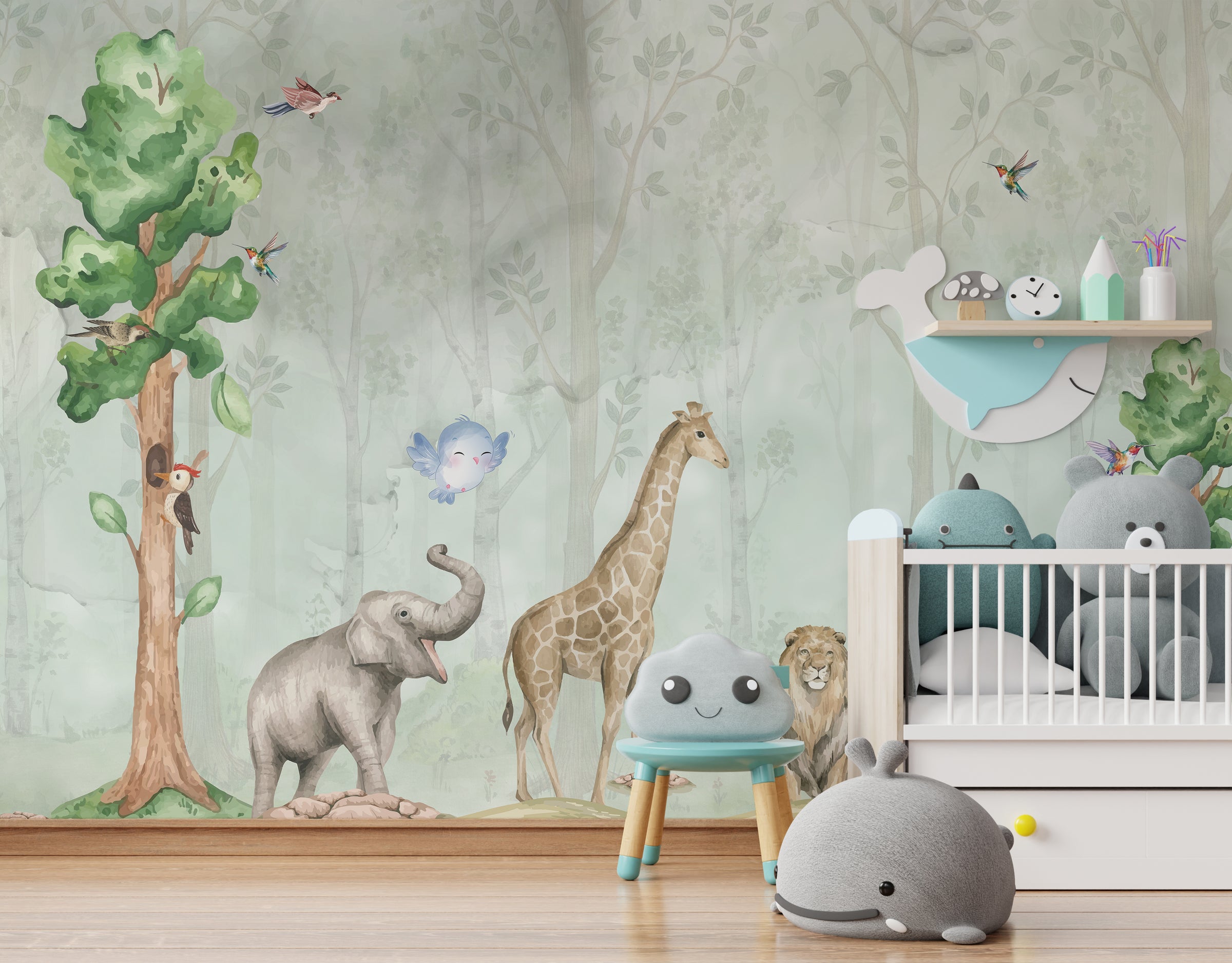 Watercolor Safari Animal Wall Mural | Green Jungle Peel and Stick Wallpaper