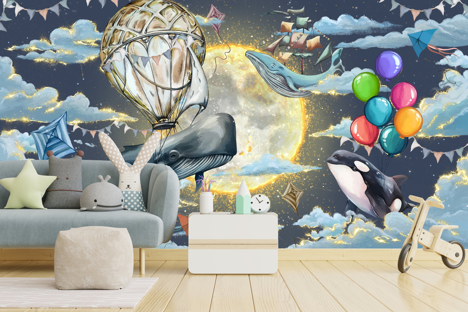 Charming baby bedroom wall decorated with fantasy sea animal artwork beneath luminous lunar glow and soft night atmosphere.