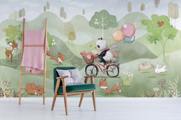 Toddler bedroom mural showcasing whimsical forest animals with balloons and gentle greenery