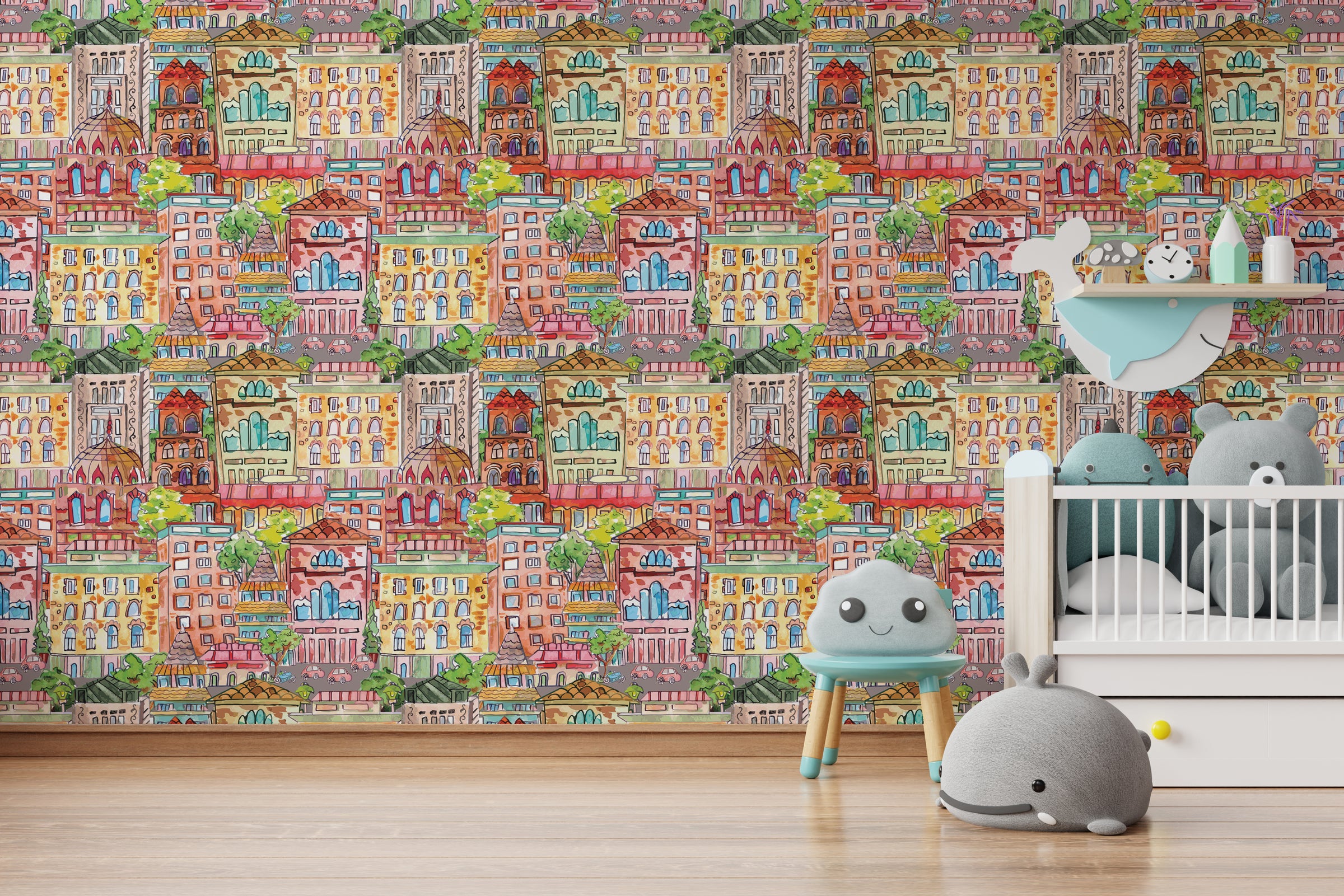 Nursery wall mural with vibrant town illustration wallpaper enhancing cheerful baby room interior