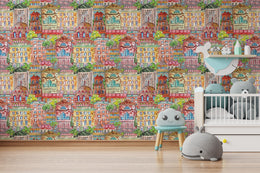 Nursery wall mural with vibrant town illustration wallpaper enhancing cheerful baby room interior