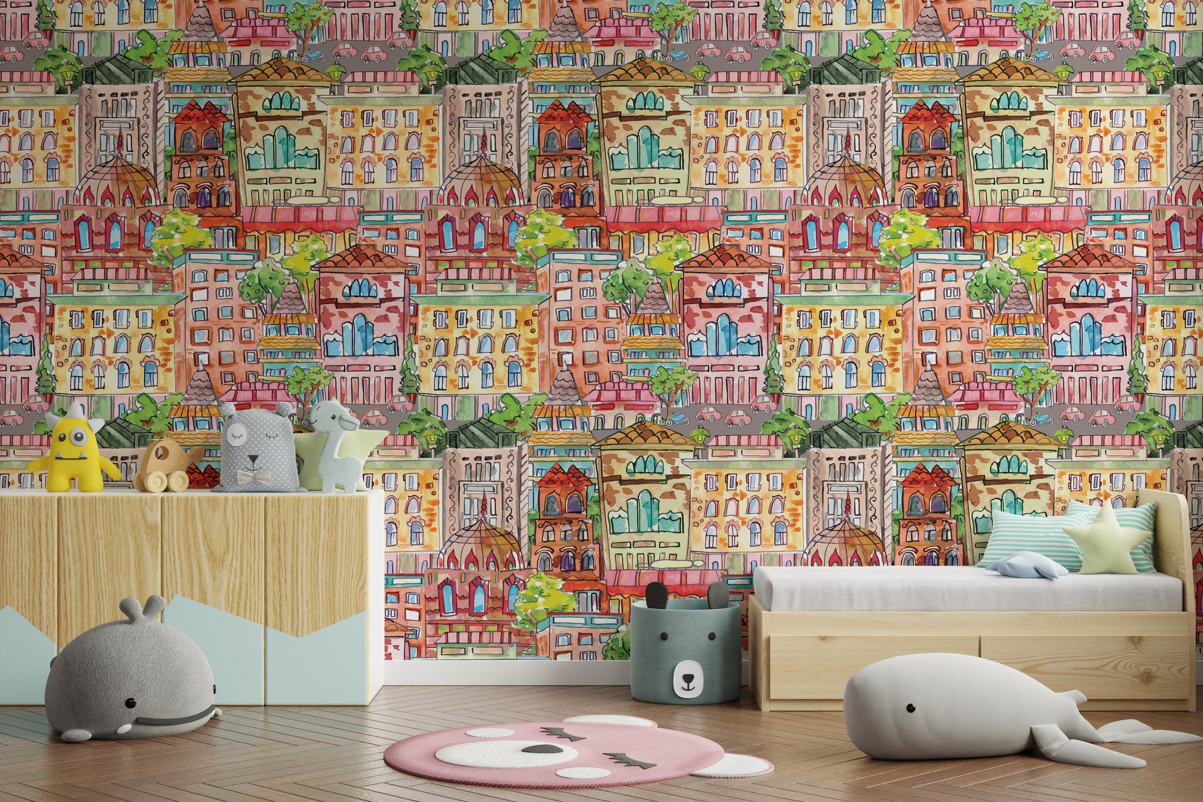 Playroom accent wallpaper showing bright urban cityscape design for fun children’s space