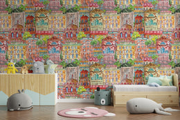 Playroom accent wallpaper showing bright urban cityscape design for fun children’s space