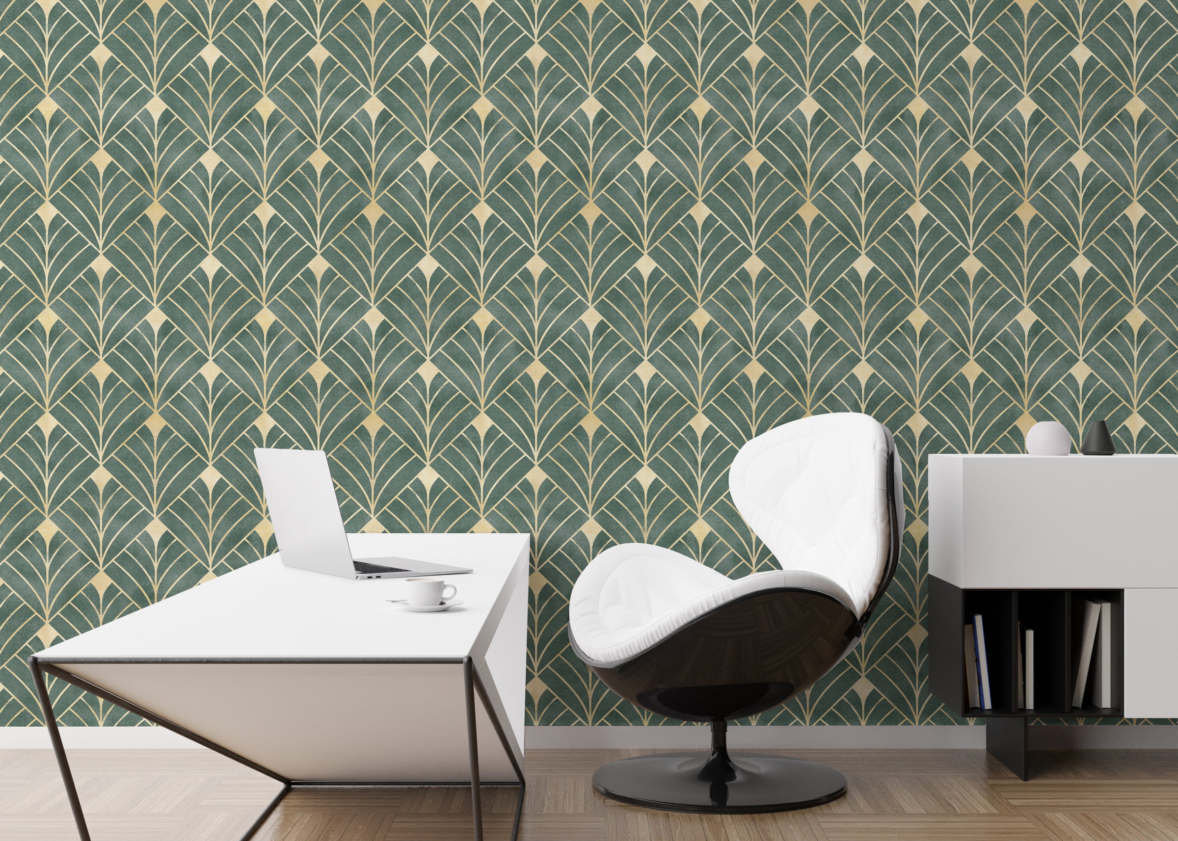 Green and Gold Art Deco Wallpaper | Removable Luxury Wall Decor