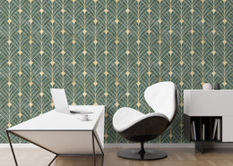 Green and Gold Art Deco Wallpaper | Removable Luxury Wall Decor