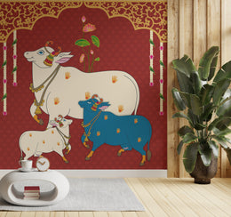 Pichwai wallpaper with sacred Gau Mata art in red for modern living room decor