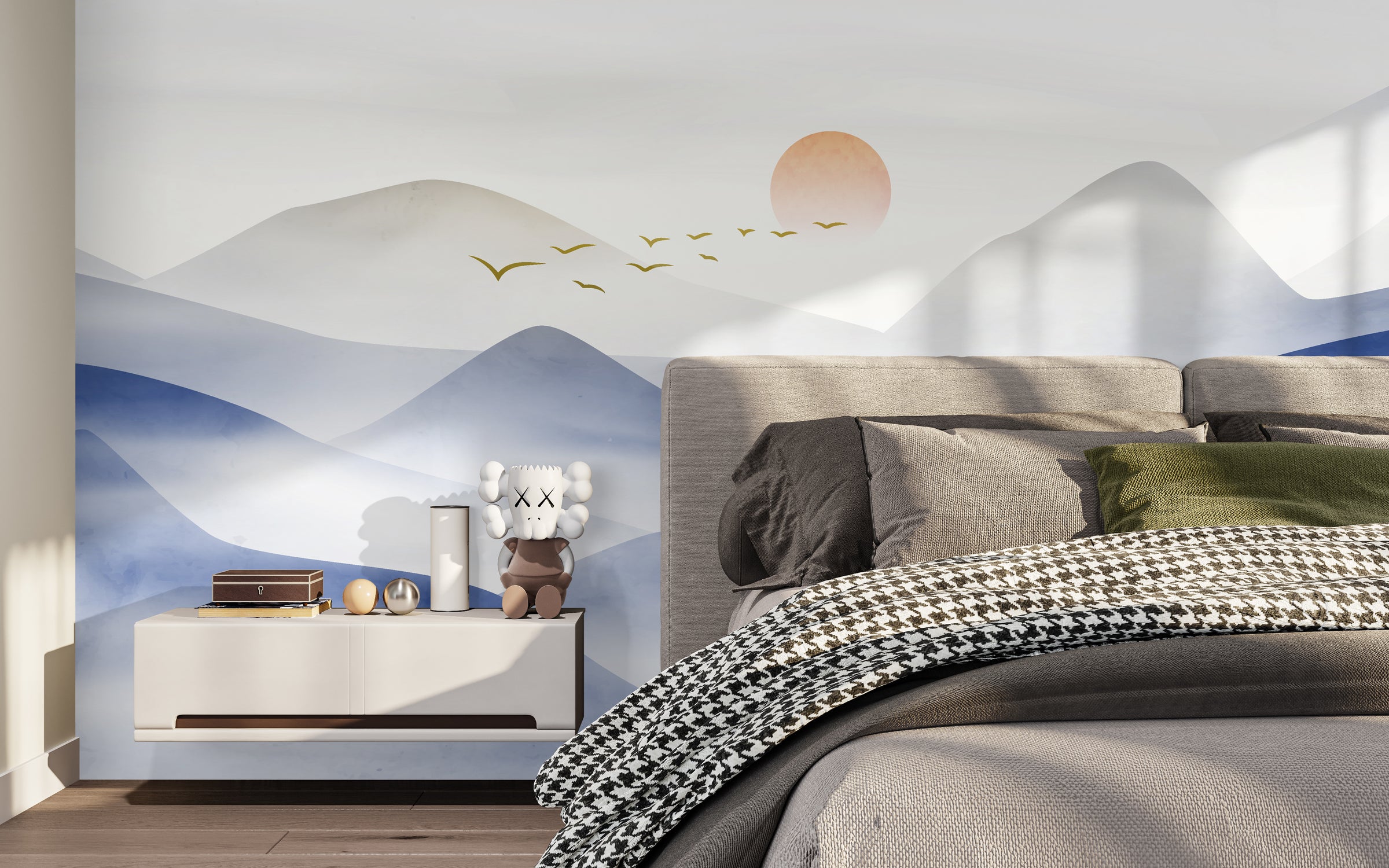 Serene blue mountain landscape wallpaper with golden sunrise, perfect for relaxing bedroom decor.