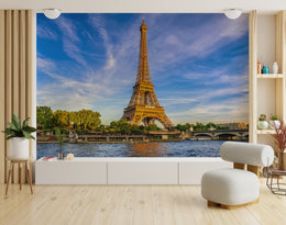 Romantic Paris cityscape wallpaper featuring Eiffel Tower landmark for cozy bedroom accent wall